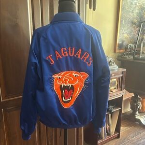 Vintage Blue Sz L Satin Bomber Jacket with Orange Panther Embroidery at Back EVC